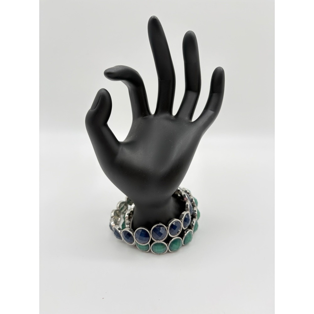 Stretch Style Bracelets W Faceted Blue & Green Oval Stones In Silver Tone Bezel‎